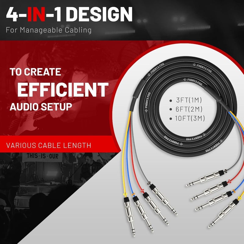 Phenyx Pro 4-Channel TRS Cable, 6 Ft Snake Cord, TRS Patch Wire, Balanced 1/4-Inch Cable, Color-Coded, 4-in-1 Design, 1/4" Audio Cord w/24 AWG OFC Copper (PCBL-QR4IN1-6) - Image 2